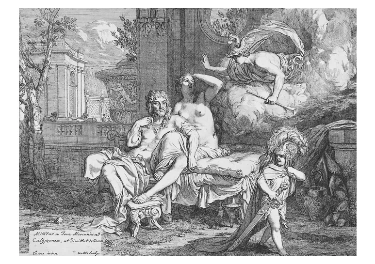 Gravure naar Gerard de Lairesse: Hermes daalt uit de wolken neer bij een vrouw op een bed, naast een man aan de linkerkant; rechts op de voorgrond staat een gewapende figuur met een helm.