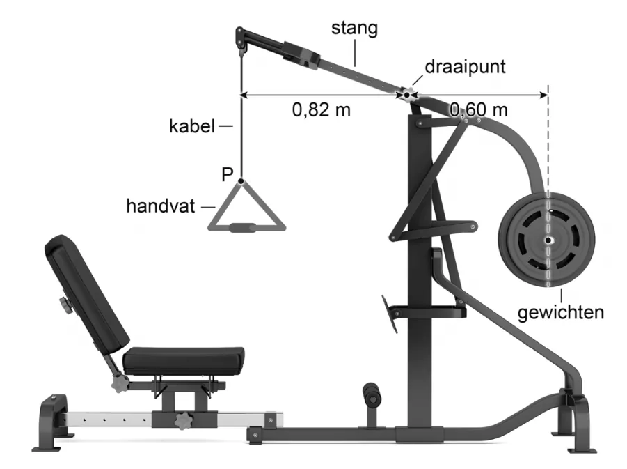 Krachttrainingsapparaat met een stang die om een draaipunt draait. Links hangt aan een kabel het handvat met punt P, op 0,82 m van het draaipunt; rechts zitten de gewichten op 0,60 m van het draaipunt.