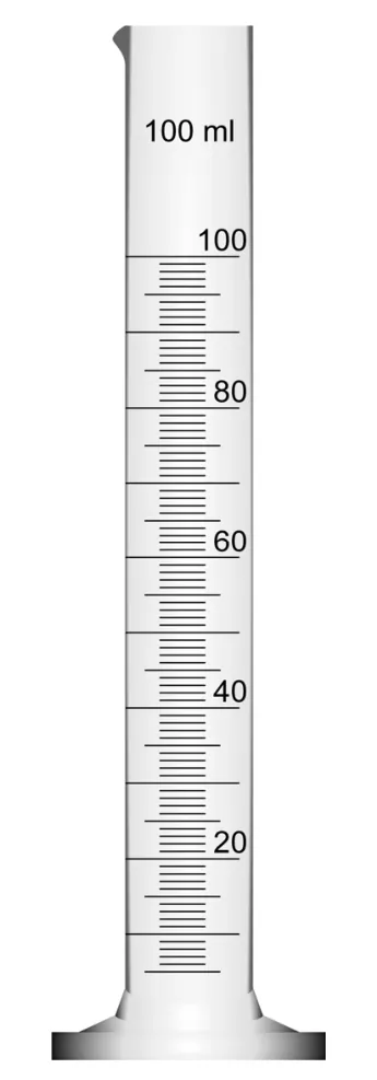 Lege maatcilinder van 100 ml met een schaalverdeling van 0 tot 100 ml.