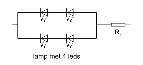 Deel van een schakelschema op de uitwerkbijlage: de lamp met 4 leds en weerstand R1, waarvan de uiteinden nog niet verbonden zijn.