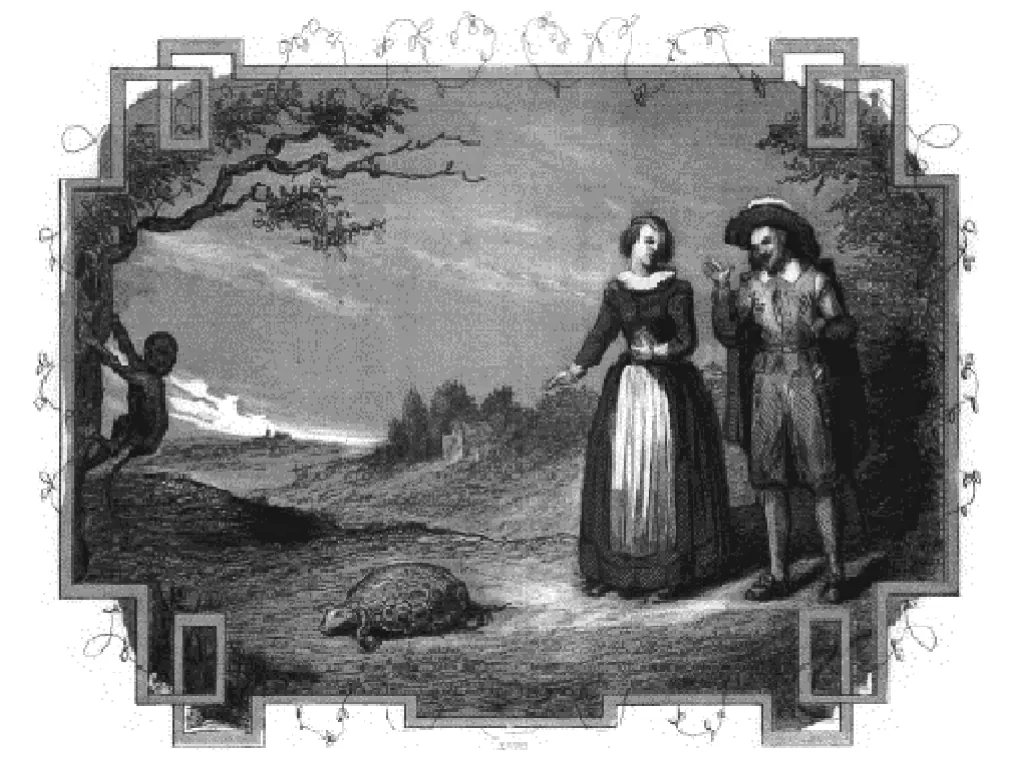 Gravure van een man en een vrouw in een landschap met een schildpad, in een sierlijst.