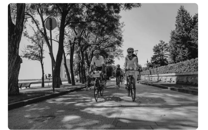 Foto van het bruidspaar en gasten die op de fiets over een boulevard met bomen rijden.