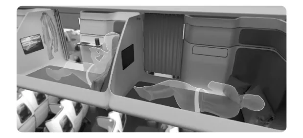 Digitale weergave van een cabine in een vliegtuig, waarin een passagier op de vloer ligt.