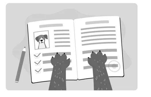 Tekening van een opengeslagen documentje met een hondenfoto en vinkjes, met twee dierenpootjes erop en een potlood ernaast.