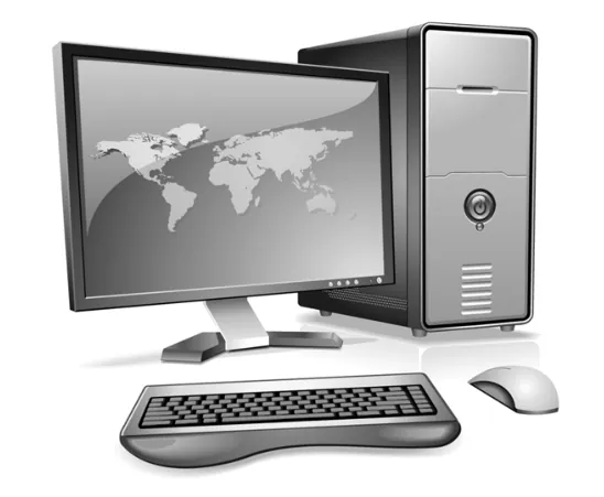Illustratie van een computer met een wereldkaart op het beeldscherm, met een toetsenbord en een muis ervoor.