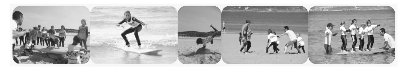 Strook met vijf foto's van surflessen: leerlingen op het strand met surfplanken, een surfer op een golf en leerlingen in het water.
