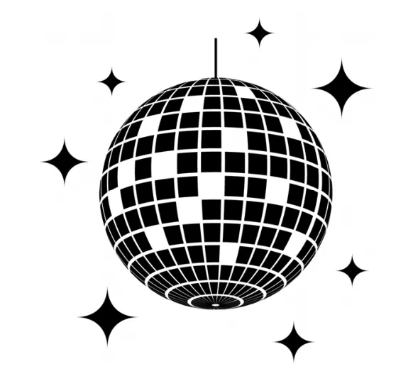 Illustratie van een discobal met sterretjes eromheen.