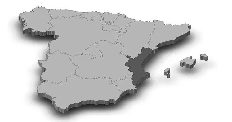 Grijze reliëfkaart van Spanje met de regio's, waarin de oostkust rond Valencia donkerder is gekleurd.
