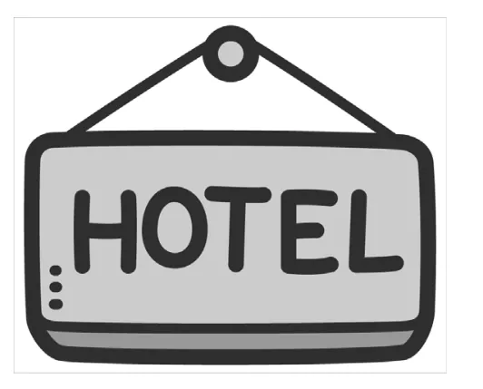 Getekend pictogram van een hangend bord met het woord HOTEL.