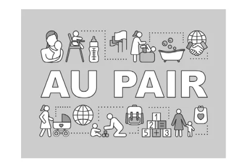 Grijze illustratie met de woorden AU PAIR, omringd door pictogrammen van kinderverzorging zoals een kinderstoel, een babybadje, een kinderwagen en speelblokken.