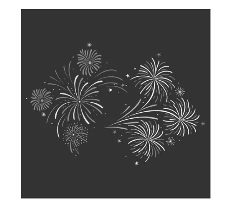 Tekening van wit vuurwerk tegen een donkergrijze achtergrond.