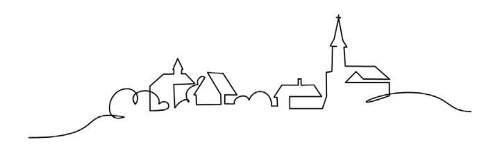 Lijntekening van een dorpje op een heuvel met huizen en een kerktoren.