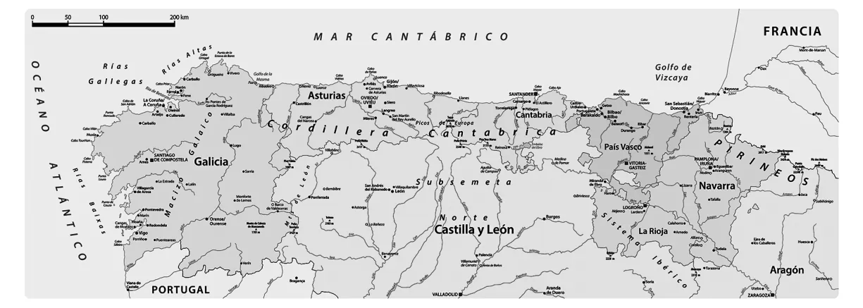 Landkaart van het noorden van Spanje met de Cantabrische Zee, Asturias en Cantabrië.