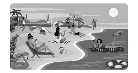 Illustratie van een strand met mensen die zonnebaden en in zee zwemmen, met douches en een reddingsboei.