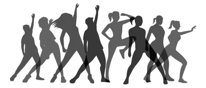 Zwarte en grijze silhouetten van zeven dansende mensen.
