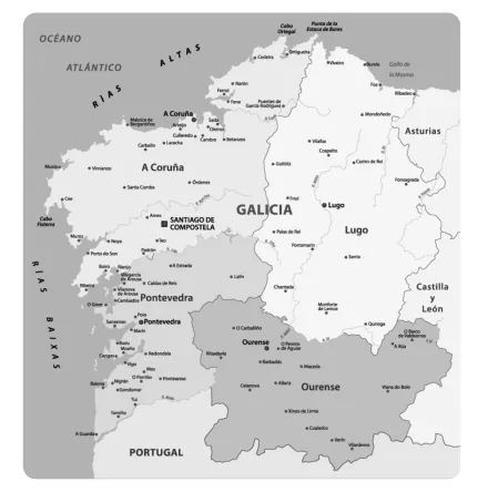 Kaart van Galicië met steden, provincies en de omliggende regio's.