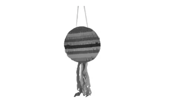 Een gestreepte piñata aan een koord, met slierten aan de onderkant.