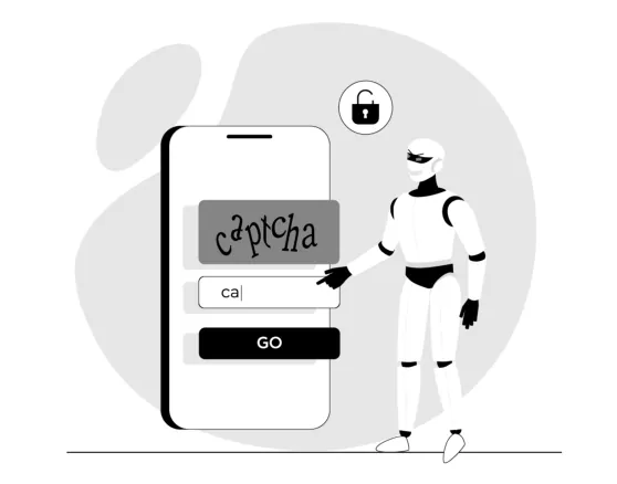Illustratie van een telefoon met het woord captcha, een hand die een letter intikt en een robot die ernaar wijst.