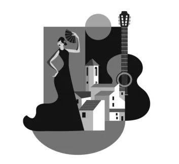 Illustratie met een flamencodanseres, een gitaar en witte huizen.