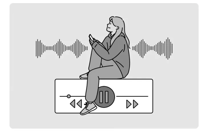 Lijntekening van een vrouw met een telefoon die op een muziekspeler zit, met geluidsgolven aan weerszijden.