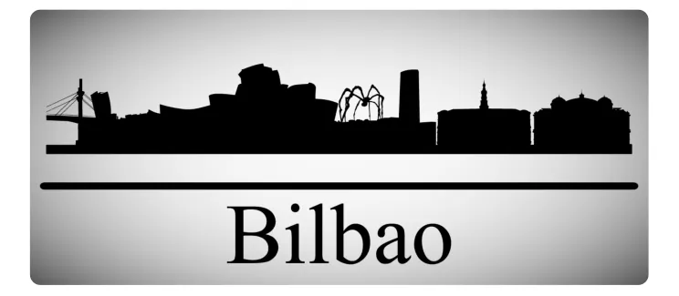 Zwart silhouet van de skyline van Bilbao met daaronder het woord Bilbao.