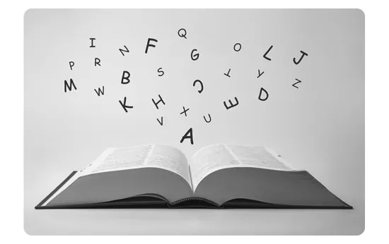 Illustratie van een open boek waaruit letters omhoog vliegen.