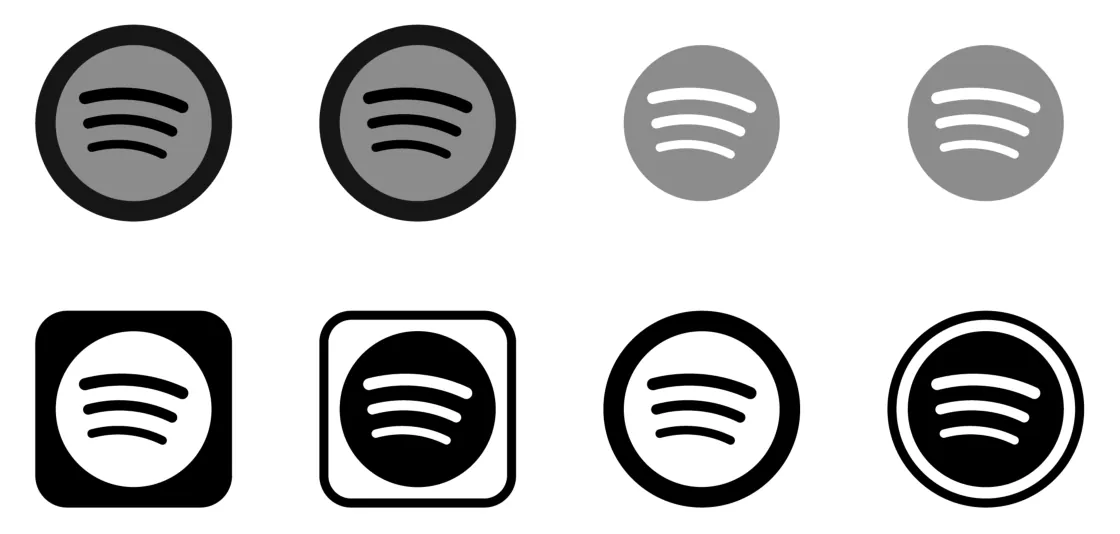 Acht Spotify-logo's in verschillende vormen en grijstinten, in twee rijen van vier.