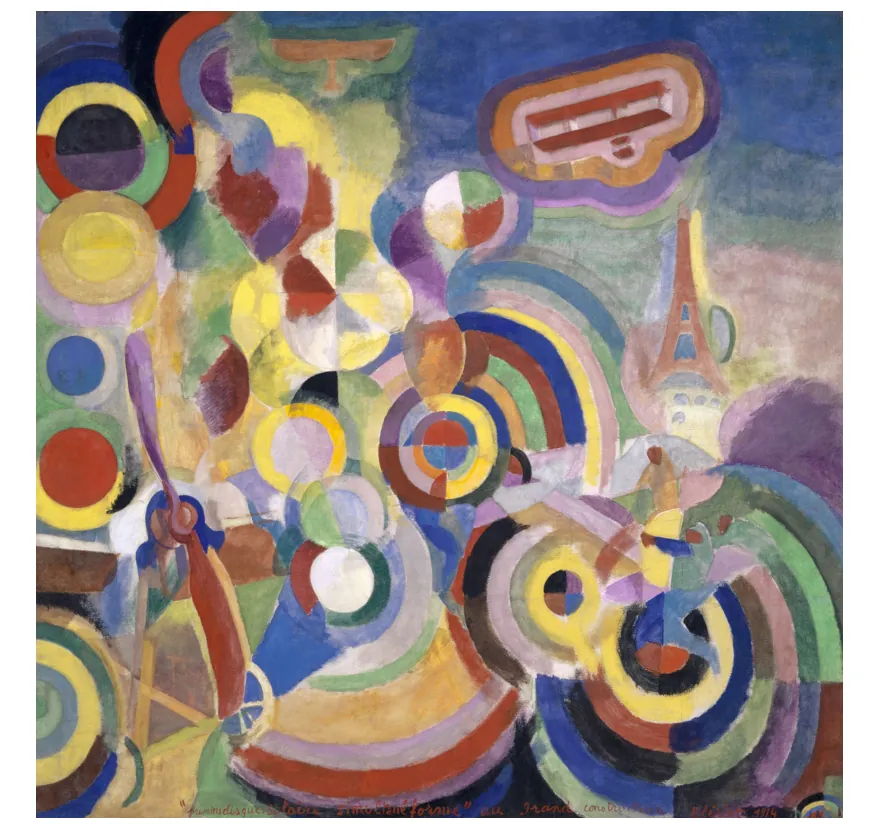 Abstract schilderij met een veelvoud aan gekleurde cirkels en bogen, met rechts bovenin een klein vliegtuigje en op de achtergrond de Eiffeltoren.