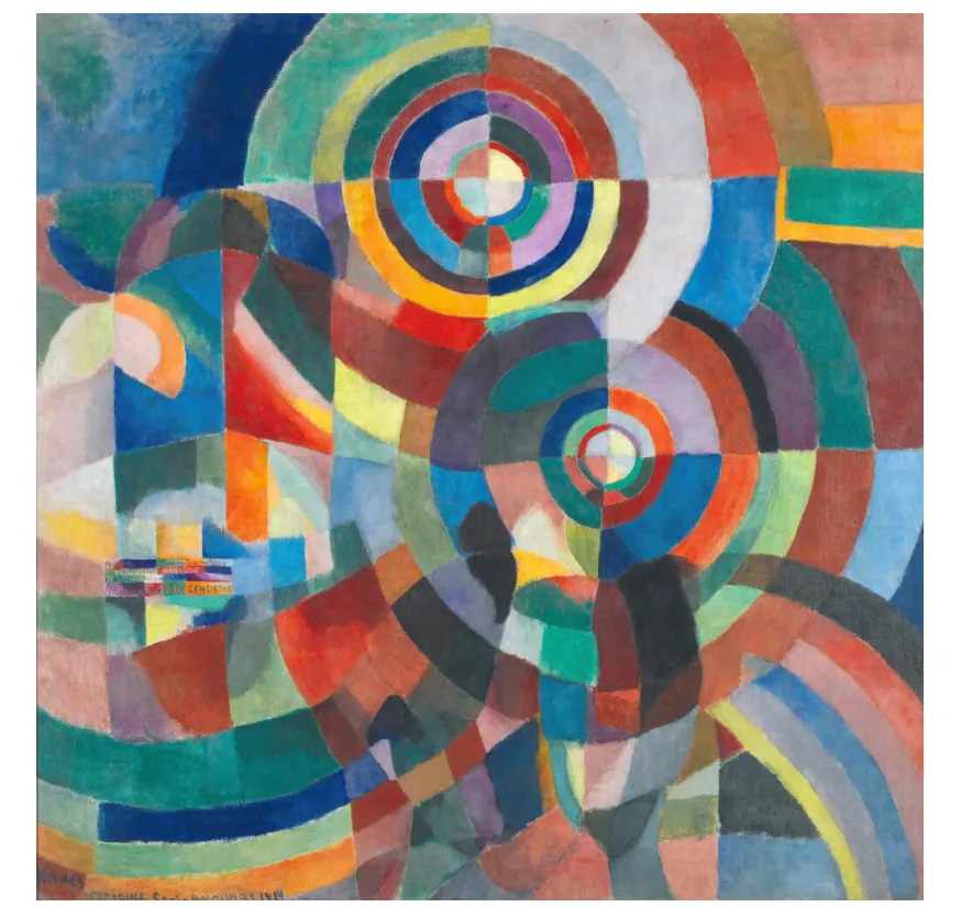 Abstract schilderij van Sonia Delaunay met concentrische cirkels in felle kleuren, cirkelfragmenten die elkaar overlappen en diagonale vlakken.