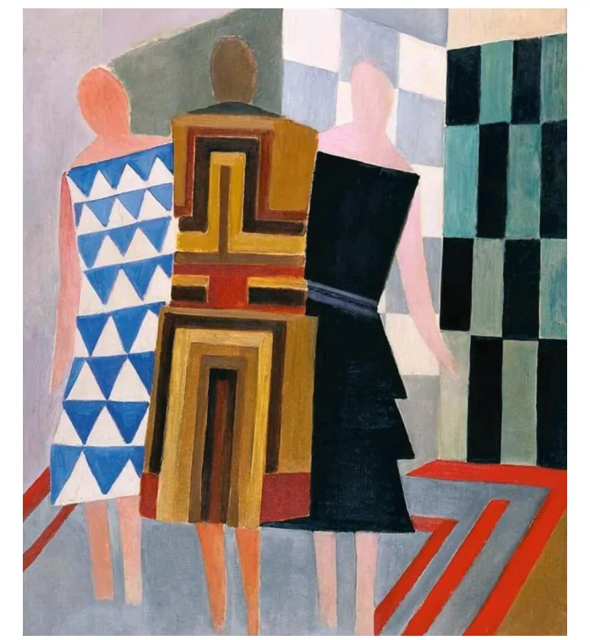 Schilderij met drie figuren in abstracte jurken met geometrische vormen: links een figuur met blauwe driehoeken, midden een figuur met gele en bruine vlakken, rechts een donkere figuur tegen een geblokte achtergrond.