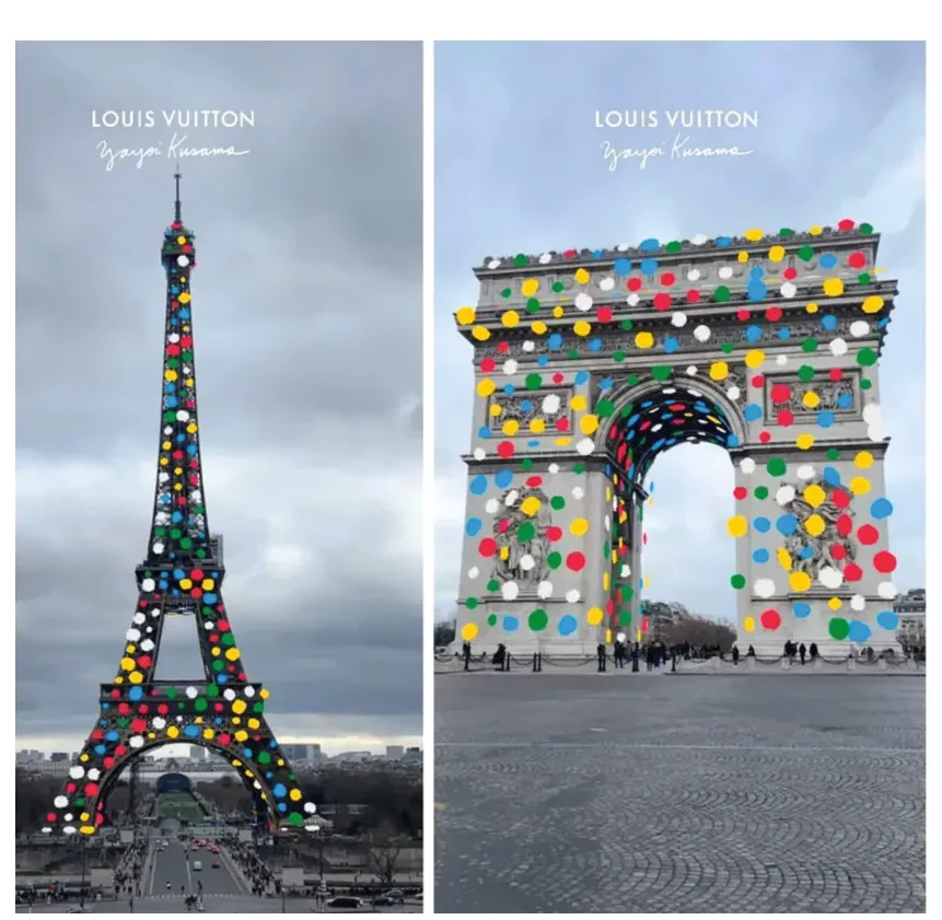 Twee foto's van Parijs met gekleurde stippen op beroemde gebouwen: links de Eiffeltoren met bonte stippen, rechts de Arc de Triomphe met dezelfde stippen en het Louis Vuitton-logo.