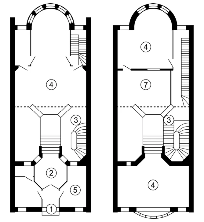 Twee plattegronden van Huis Tassel naast elkaar: links de begane grond met een gebogen voorkant en een ronde erker, rechts de eerste verdieping met een ronde ruimte en een trap.