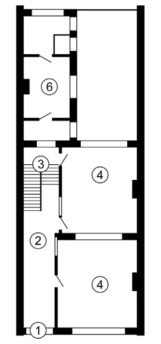 Plattegrond van de begane grond van een standaard herenhuis uit de negentiende eeuw: een smalle, rechthoekige indeling met een ingang, hal, trap en kamers.