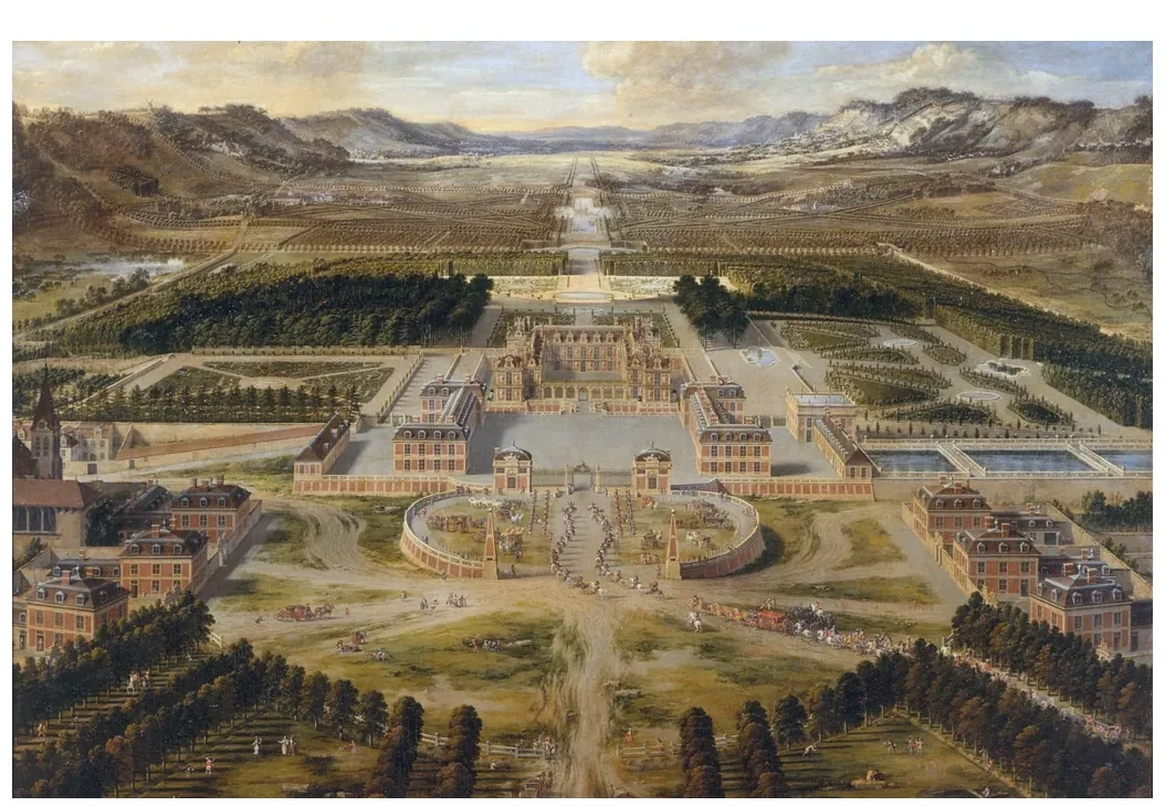 Schilderij van het paleis van Versailles en de tuinen vanuit het vogelperspectief: symmetrische paden, perken en bomen lopen uit naar een lichte horizon.
