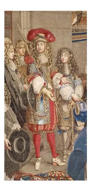 Detail van het tapijt: een groep mannen in kostbare kleding, een van hen met een hoed met een rode pluim.