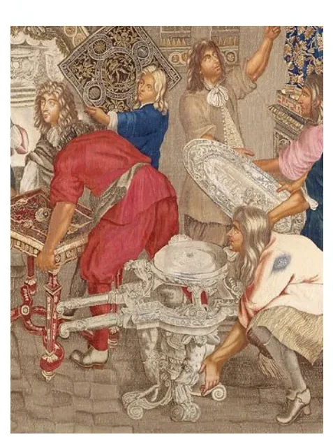 Detail van het tapijt: de koning in een rood gewaad met een staf, omringd door mannen in kostbare kleding.