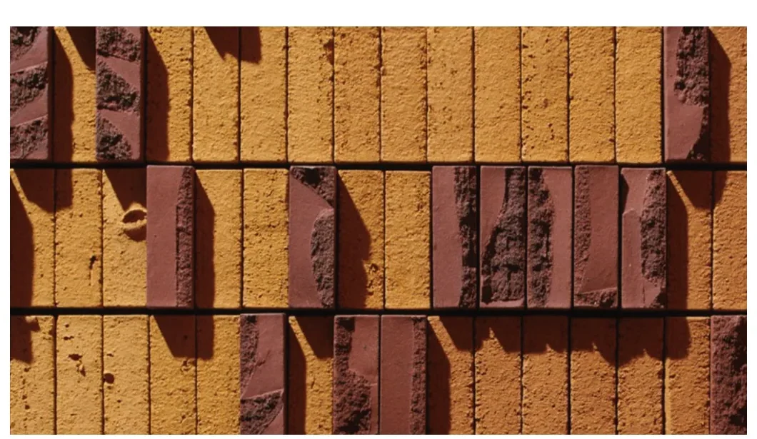 Close-up van bakstenen in een raster van verticale en horizontale voegen, in geel en rood.