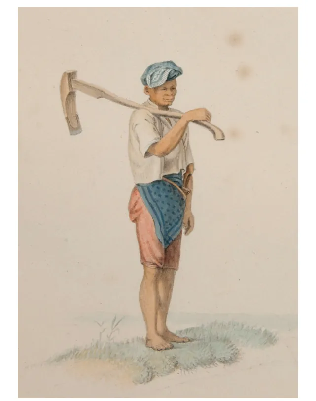 Aquarel van een man met een blauwe hoofddoek en een hak over zijn schouder, staand op grasgrond.