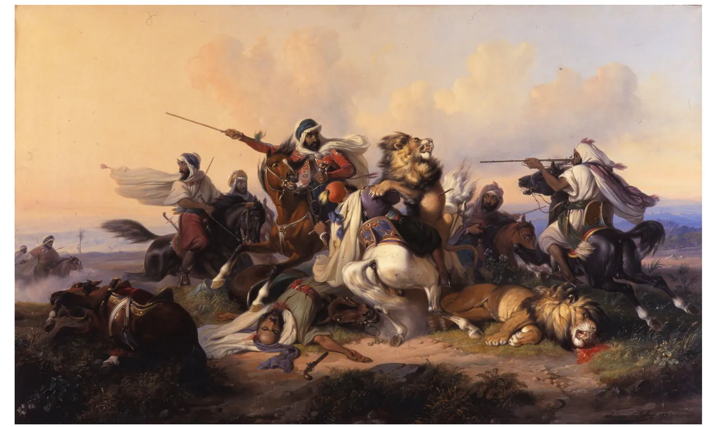 Schilderij van een jacht: ruiters in oosterse kleding met lansen en geweren vallen twee leeuwen aan; op de voorgrond liggen paarden en een gedode leeuw.