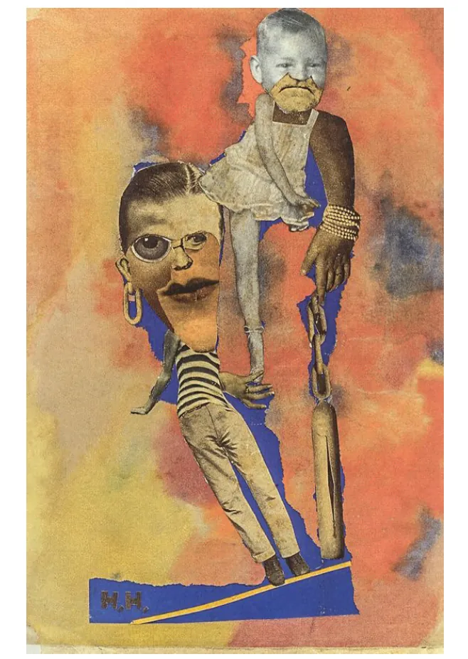 Collage op een oranje-blauwe achtergrond: een grote figuur met een hoofd met bril en oorbel, en een kleinere figuur met gestreepte broek die op de schouders van de eerste staat.