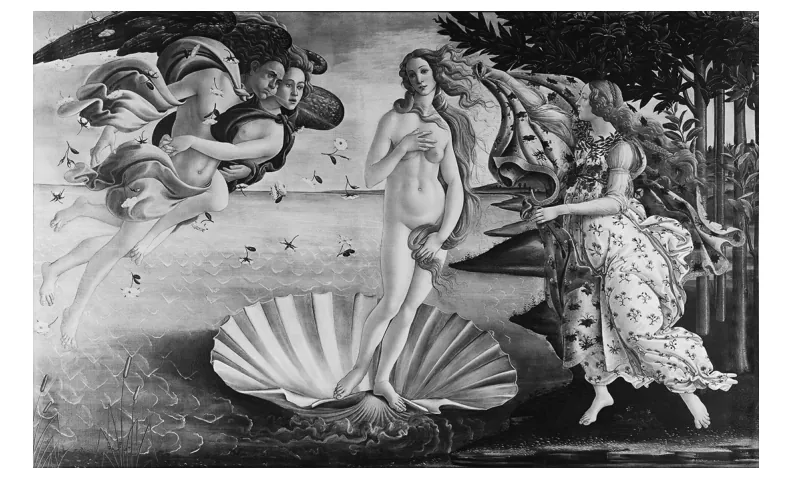 Schilderij van Venus die op een schelp uit de zee komt, met een figuur die een mantel naar haar toe draagt en zwevende figuren aan de linkerkant.
