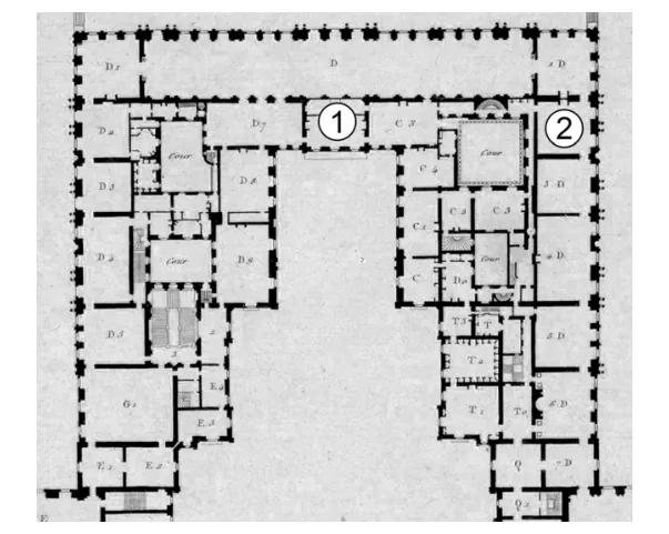 Zwart-witte plattegrond van de eerste verdieping van het paleis met gangen en vertrekken; op twee plekken staat een genummerde markering: (1) de slaapkamer en (2) de zaal met de plafondschildering van Apollo.