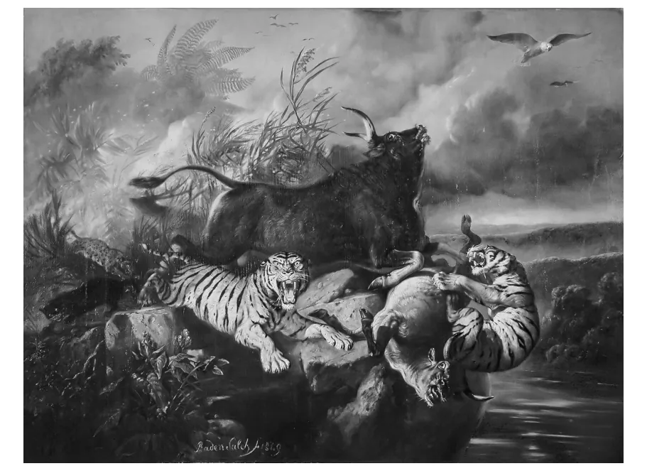 Dramatisch schilderij van een natuurbrand: een buffel en tijgers op rotsen, met opstijgende rook en vogels in de lucht.