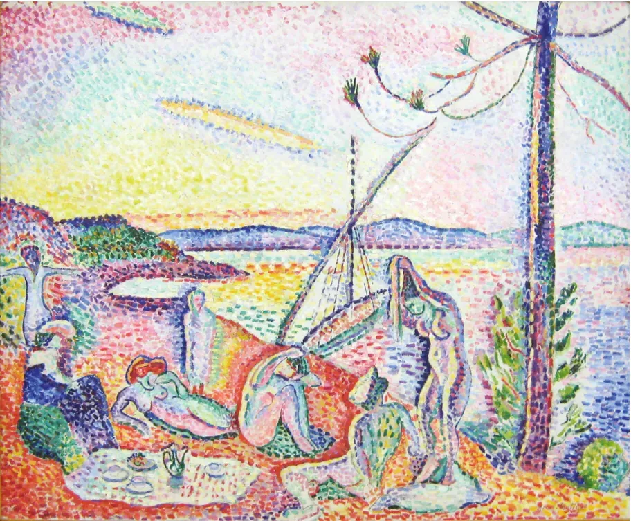 Schilderij opgebouwd uit losse stippen en streepjes in felle kleuren: naakte figuren rusten en picknicken aan een zonnige baai, met een boom rechts, een boot en een gele lucht.