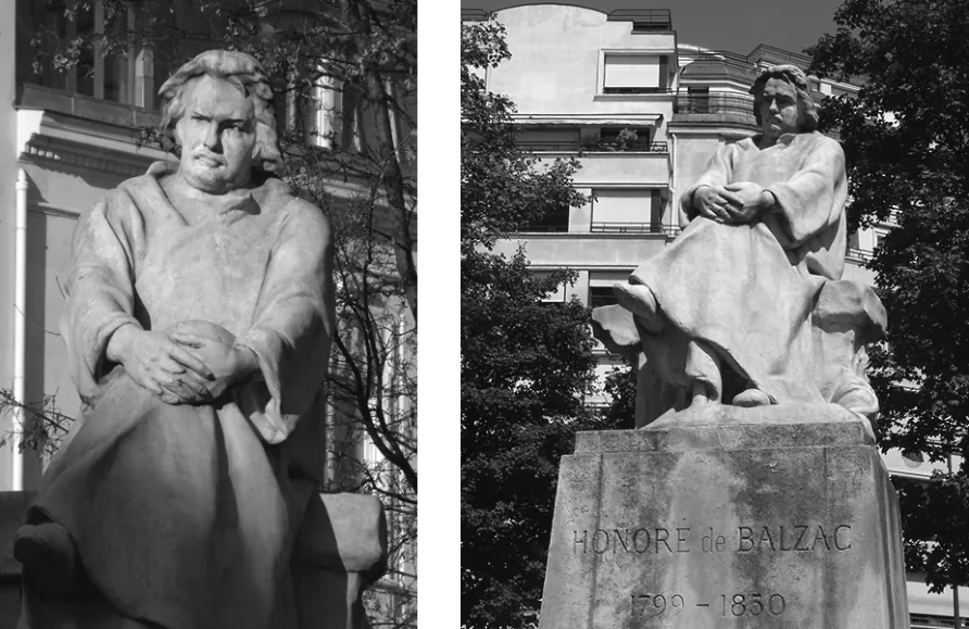 Twee zwart-witfoto's van het stenen beeld van Balzac: links een close-up van de zittende schrijver met de handen gevouwen om zijn knie, rechts het hele beeld op een hoge sokkel met de inscriptie Honoré de Balzac 1799-1850.