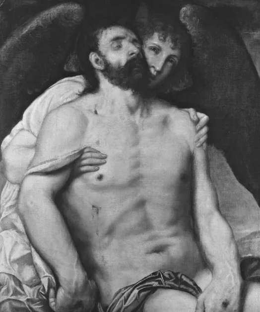 Zwart-witreproductie van een schilderij: het naakte bovenlichaam van de dode Christus met gesloten ogen, van achteren ondersteund door een engel met donkere vleugels die zijn armen om hem heen slaat.