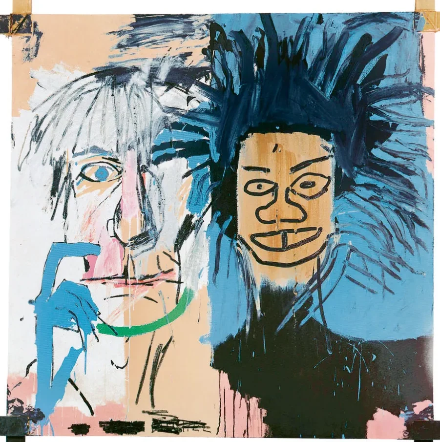 Dubbelportret met twee hoofden: links een bleek gezicht met grijs haar, rechts een donker gezicht met woest blauw haar, in expressieve, snelle penseelstreken op gekleurde vlakken.