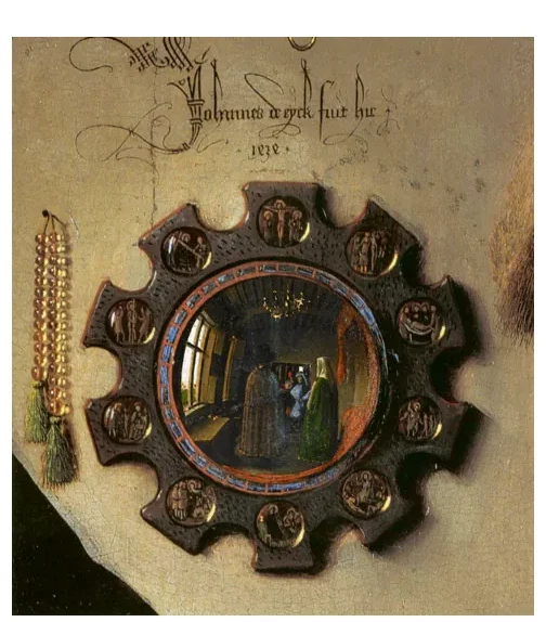 Detail van de convexe spiegel uit het Arnolfiniportret, met een donkere lijst met medaillons. Op de muur erboven staat een inscriptie.