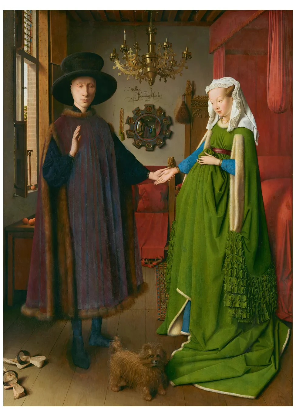 Het Arnolfiniportret: een man en een vrouw staan naast elkaar in een kamer, de vrouw in een groene jurk en de man in een donkere mantel. Boven hen hangt een kroonluchter en achterin hangt een convexe spiegel.
