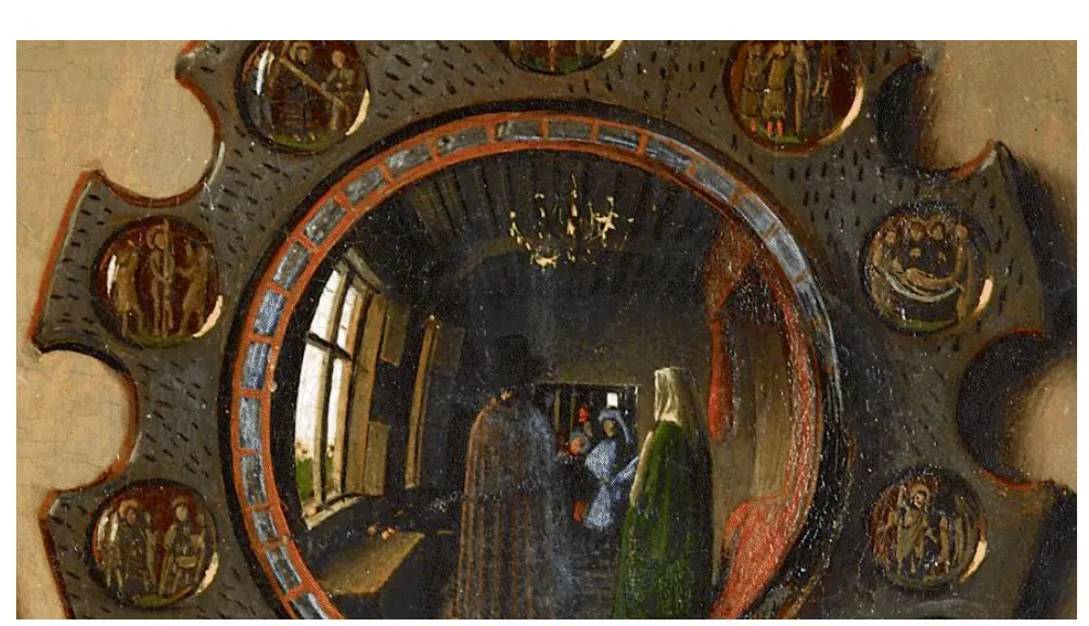 Vergroting van de spiegel uit het Arnolfiniportret: in de lijst kleine taferelen, en in het spiegelbeeld een kamer met figuren in de deuropening.